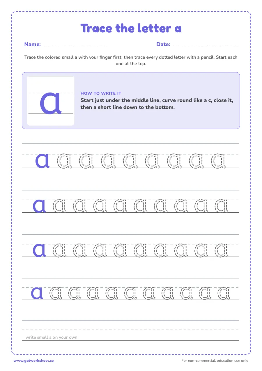 Trace the lowercase letter a Trace the lowercase letter a – free printable PDF worksheet, page 1 preview (6 free letter A tracing worksheets)