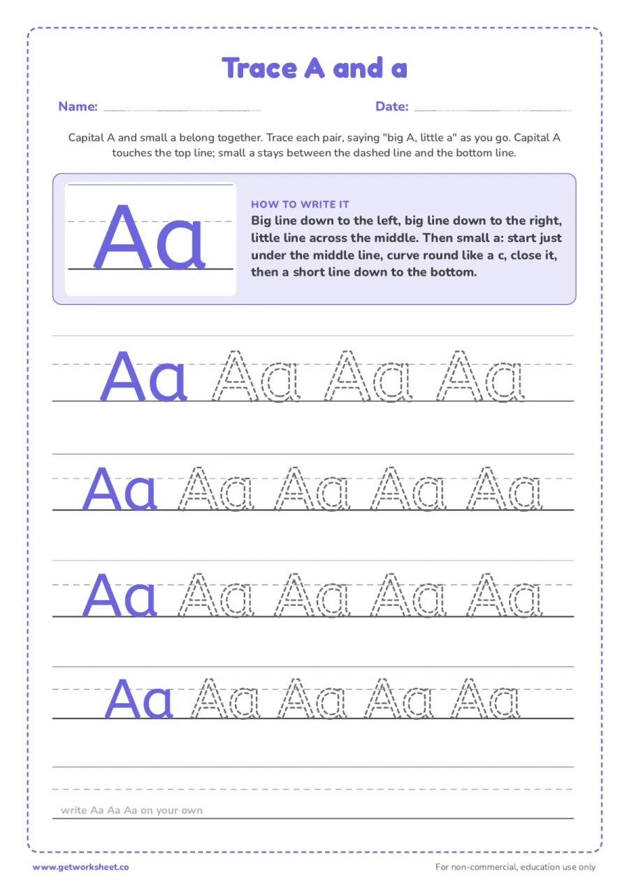 Trace A and a together Trace A and a together – free printable PDF worksheet, page 1 preview (6 free letter A tracing worksheets)