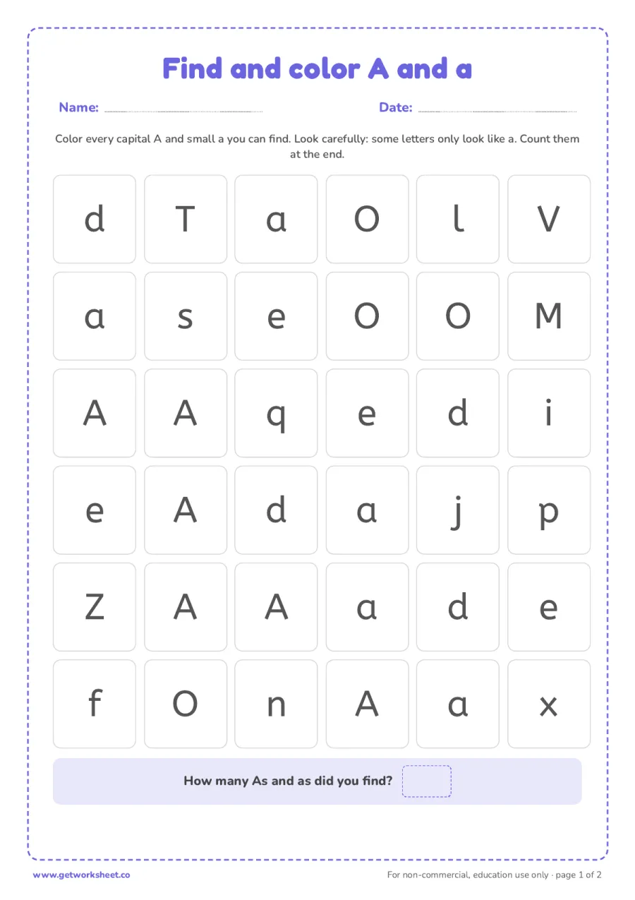 Find and color the letter A and a Find and color the letter A and a – free printable PDF worksheet, page 1 preview (6 free letter A tracing worksheets)