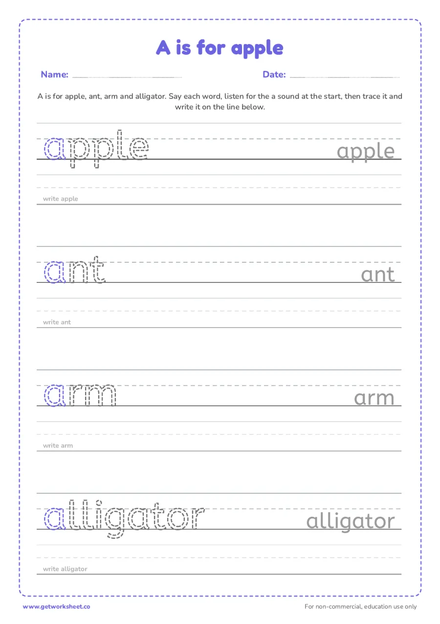 A is for apple: trace the words A is for apple: trace the words – free printable PDF worksheet, page 1 preview (6 free letter A tracing worksheets)