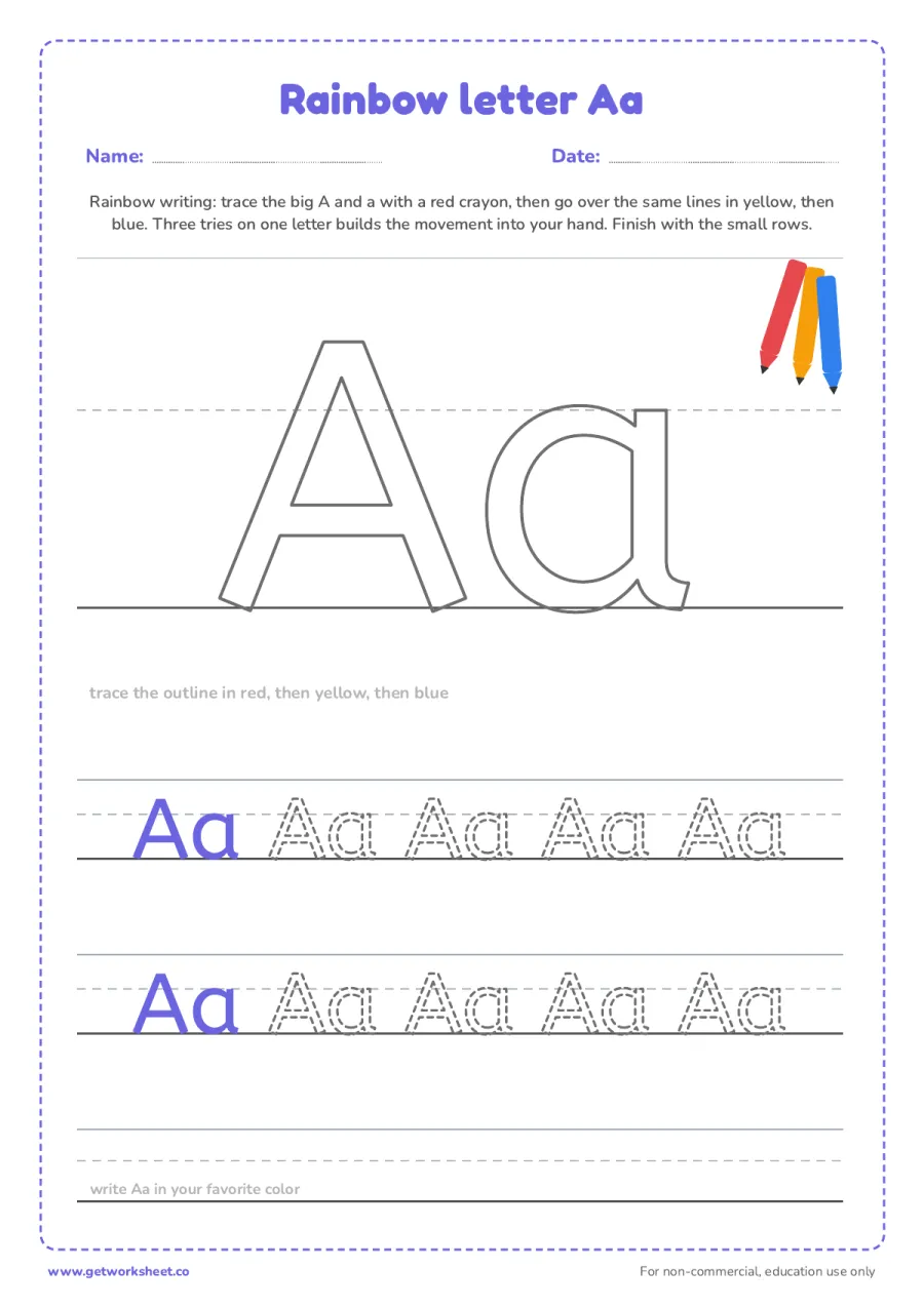 Rainbow letter Aa Rainbow letter Aa – free printable PDF worksheet, page 1 preview (6 free letter A tracing worksheets)