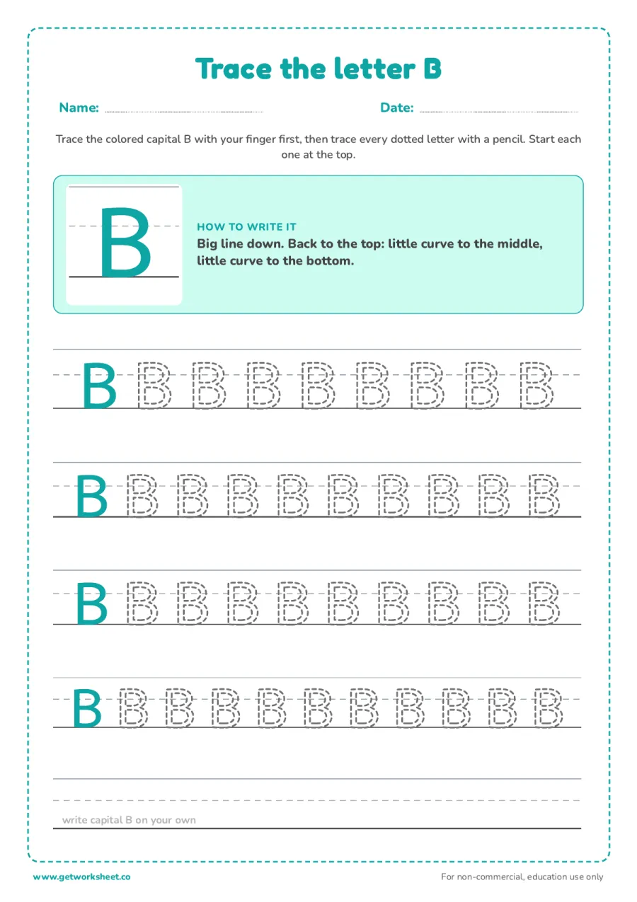 Trace the capital letter B Trace the capital letter B – free printable PDF worksheet, page 1 preview (6 free letter B tracing worksheets)