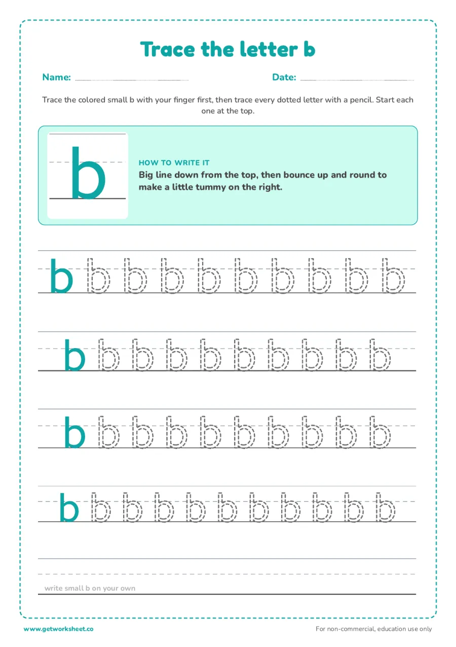 Trace the lowercase letter b Trace the lowercase letter b – free printable PDF worksheet, page 1 preview (6 free letter B tracing worksheets)