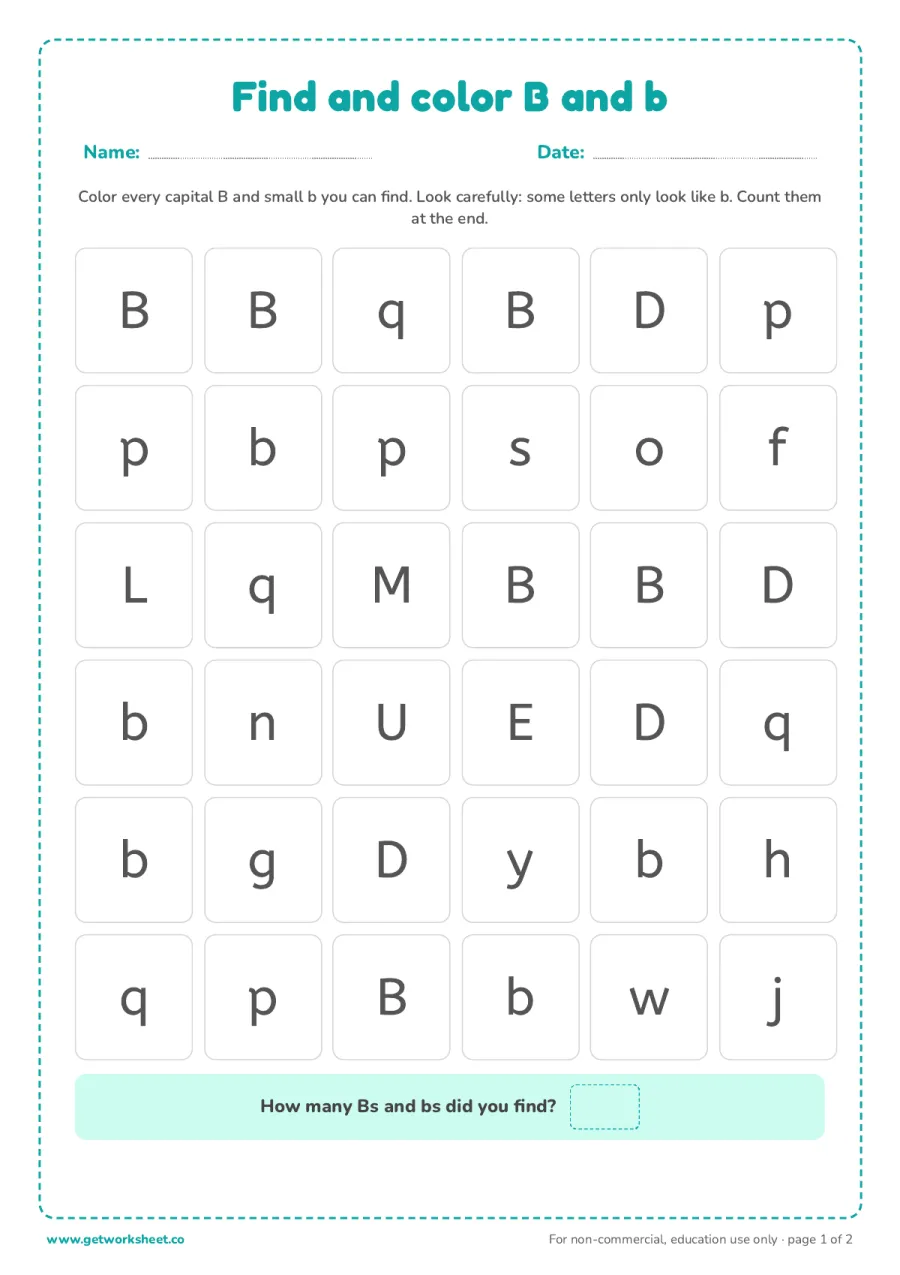 Find and color the letter B and b Find and color the letter B and b – free printable PDF worksheet, page 1 preview (6 free letter B tracing worksheets)