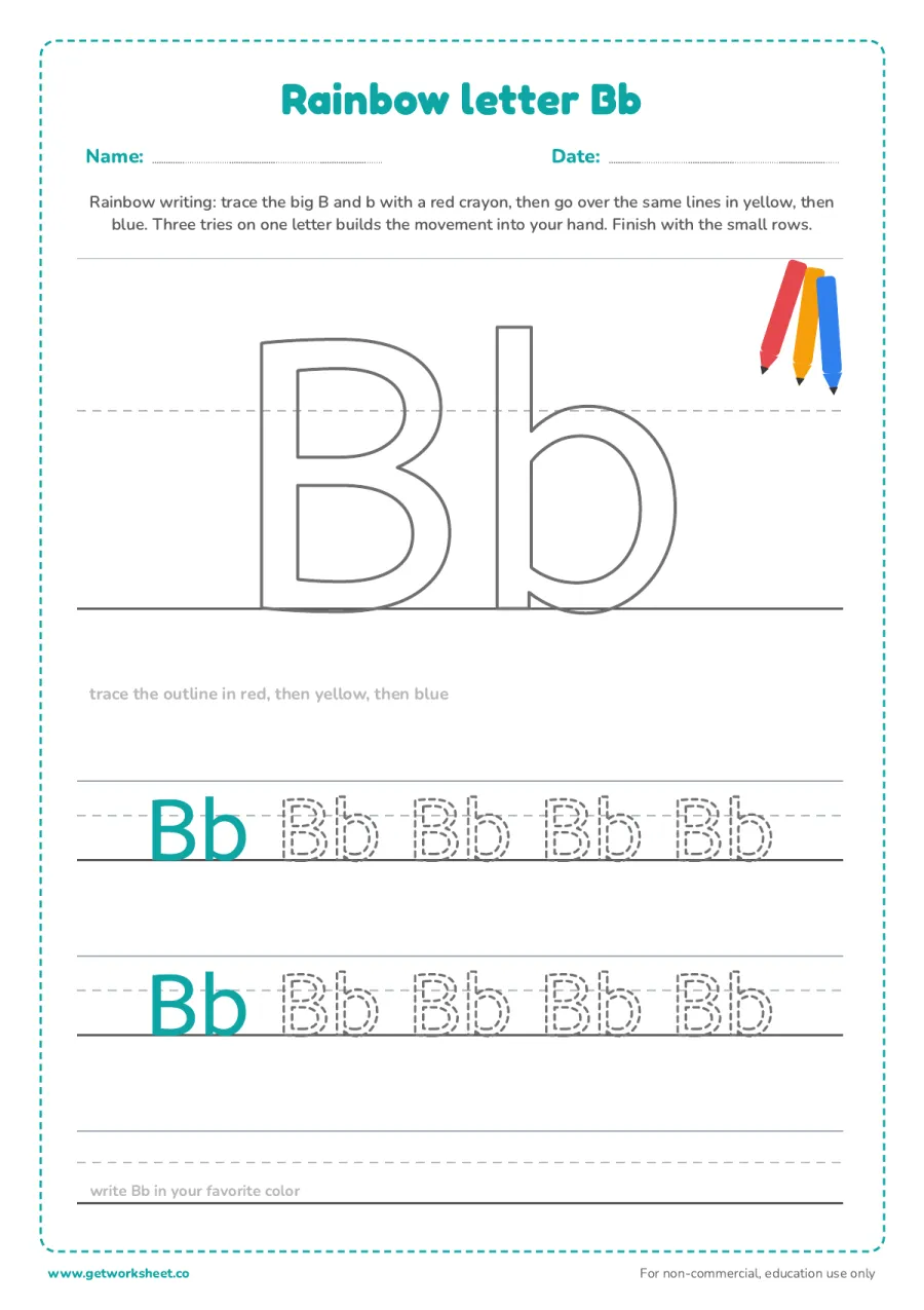 Rainbow letter Bb Rainbow letter Bb – free printable PDF worksheet, page 1 preview (6 free letter B tracing worksheets)