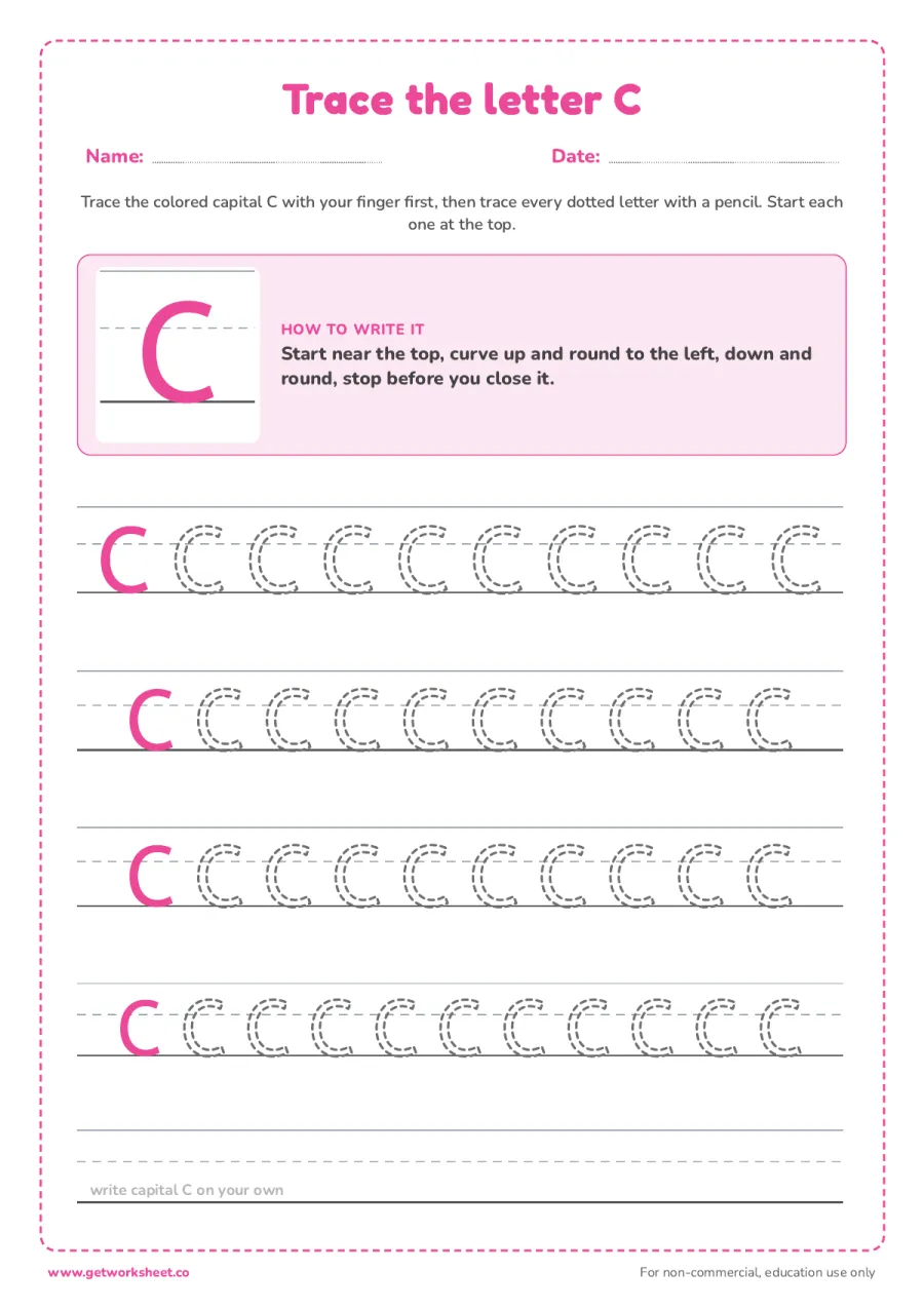 Trace the capital letter C Trace the capital letter C – free printable PDF worksheet, page 1 preview (6 free letter C tracing worksheets)