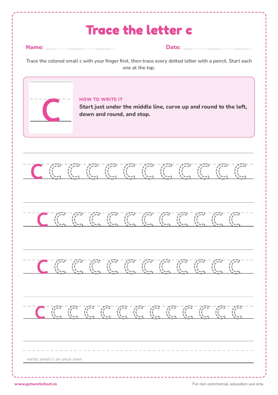 Trace the lowercase letter c Trace the lowercase letter c – free printable PDF worksheet, page 1 preview (6 free letter C tracing worksheets)