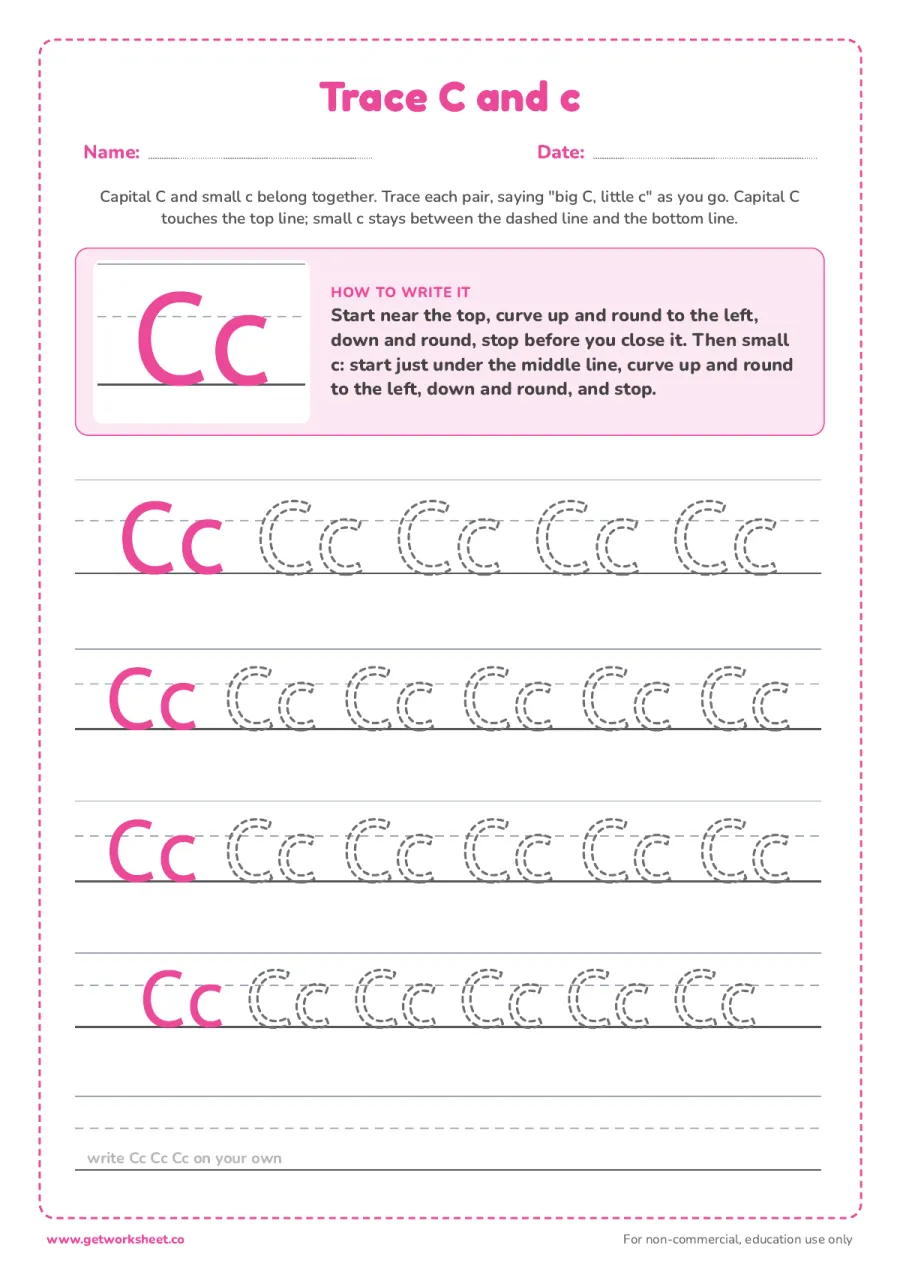 Trace C and c together Trace C and c together – free printable PDF worksheet, page 1 preview (6 free letter C tracing worksheets)