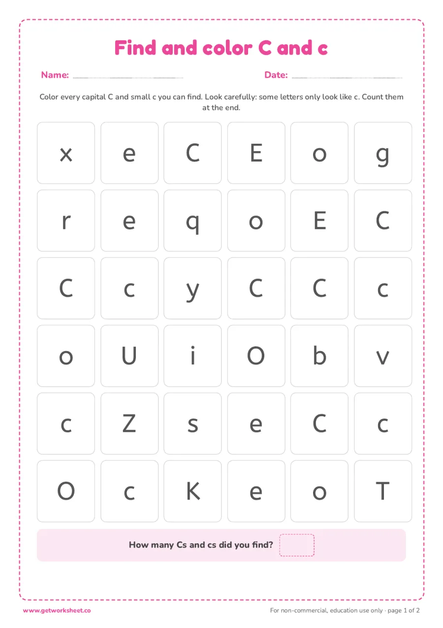Find and color the letter C and c Find and color the letter C and c – free printable PDF worksheet, page 1 preview (6 free letter C tracing worksheets)