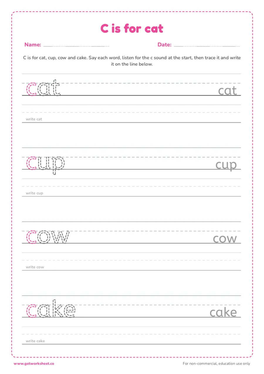 C is for cat: trace the words C is for cat: trace the words – free printable PDF worksheet, page 1 preview (6 free letter C tracing worksheets)