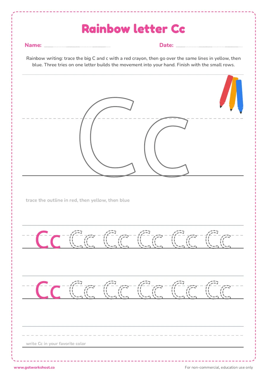 Rainbow letter Cc Rainbow letter Cc – free printable PDF worksheet, page 1 preview (6 free letter C tracing worksheets)