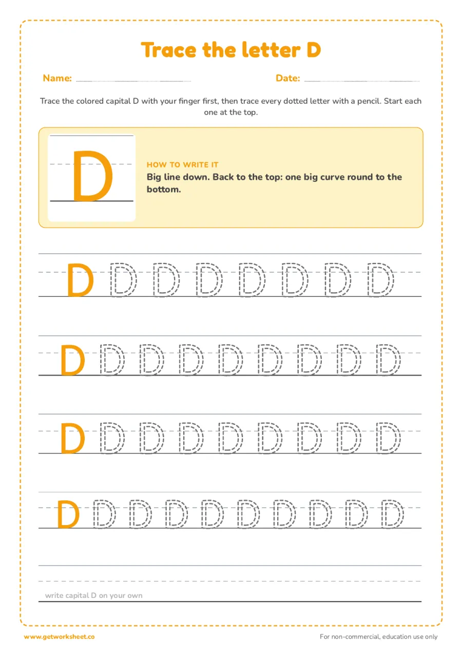 Trace the capital letter D Trace the capital letter D – free printable PDF worksheet, page 1 preview (6 free letter D tracing worksheets)