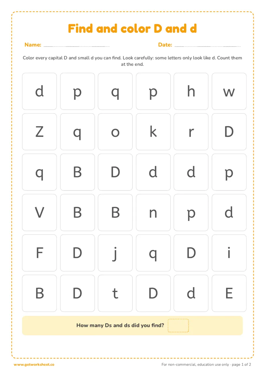 Find and color the letter D and d Find and color the letter D and d – free printable PDF worksheet, page 1 preview (6 free letter D tracing worksheets)
