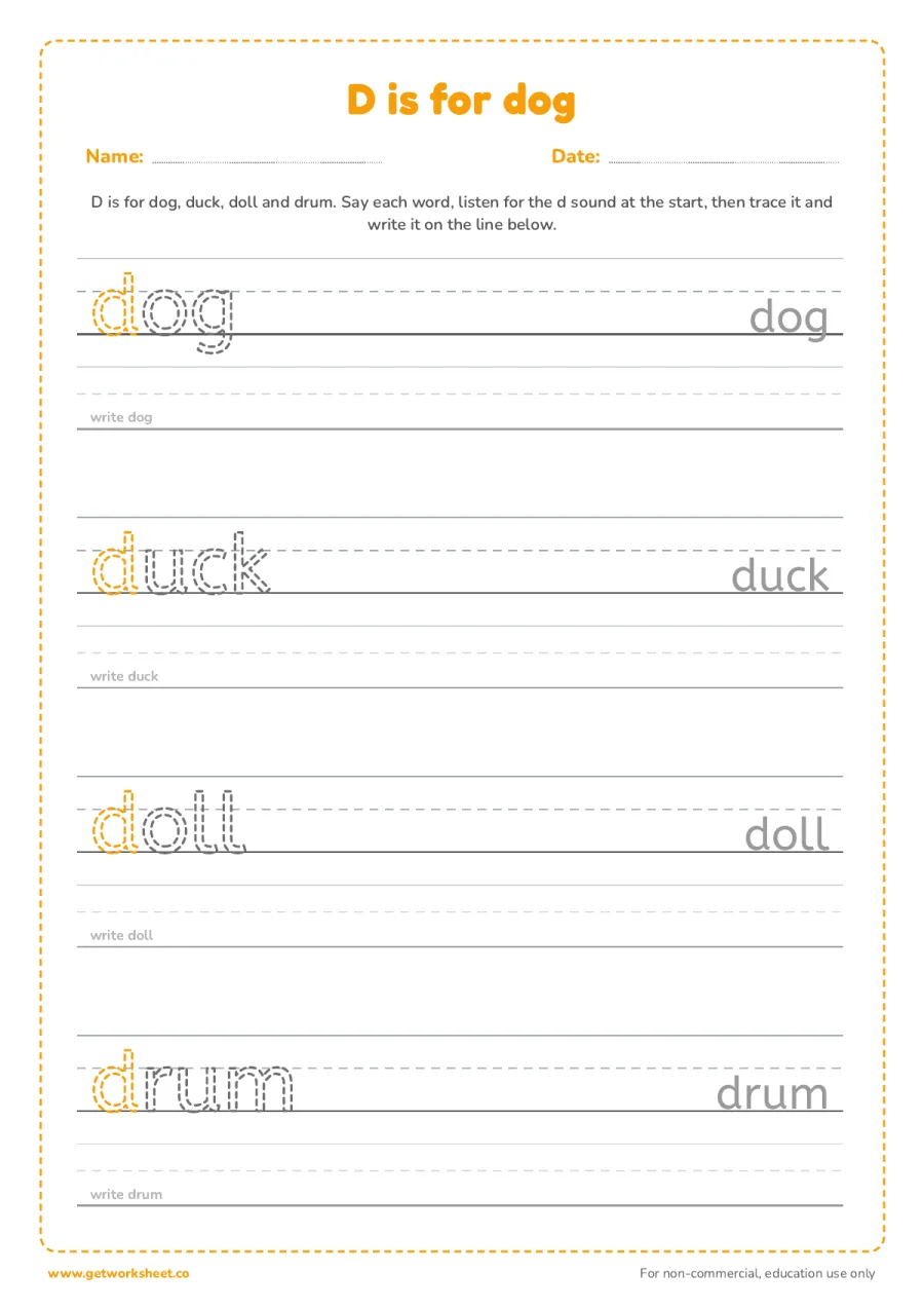D is for dog: trace the words D is for dog: trace the words – free printable PDF worksheet, page 1 preview (6 free letter D tracing worksheets)