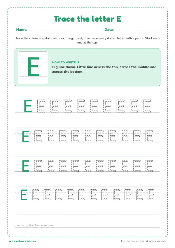 Free letter E tracing worksheets – free printable worksheets preview