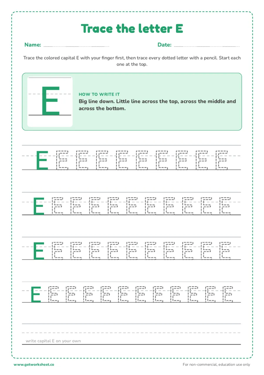 Trace the capital letter E Trace the capital letter E – free printable PDF worksheet, page 1 preview (6 free letter E tracing worksheets)