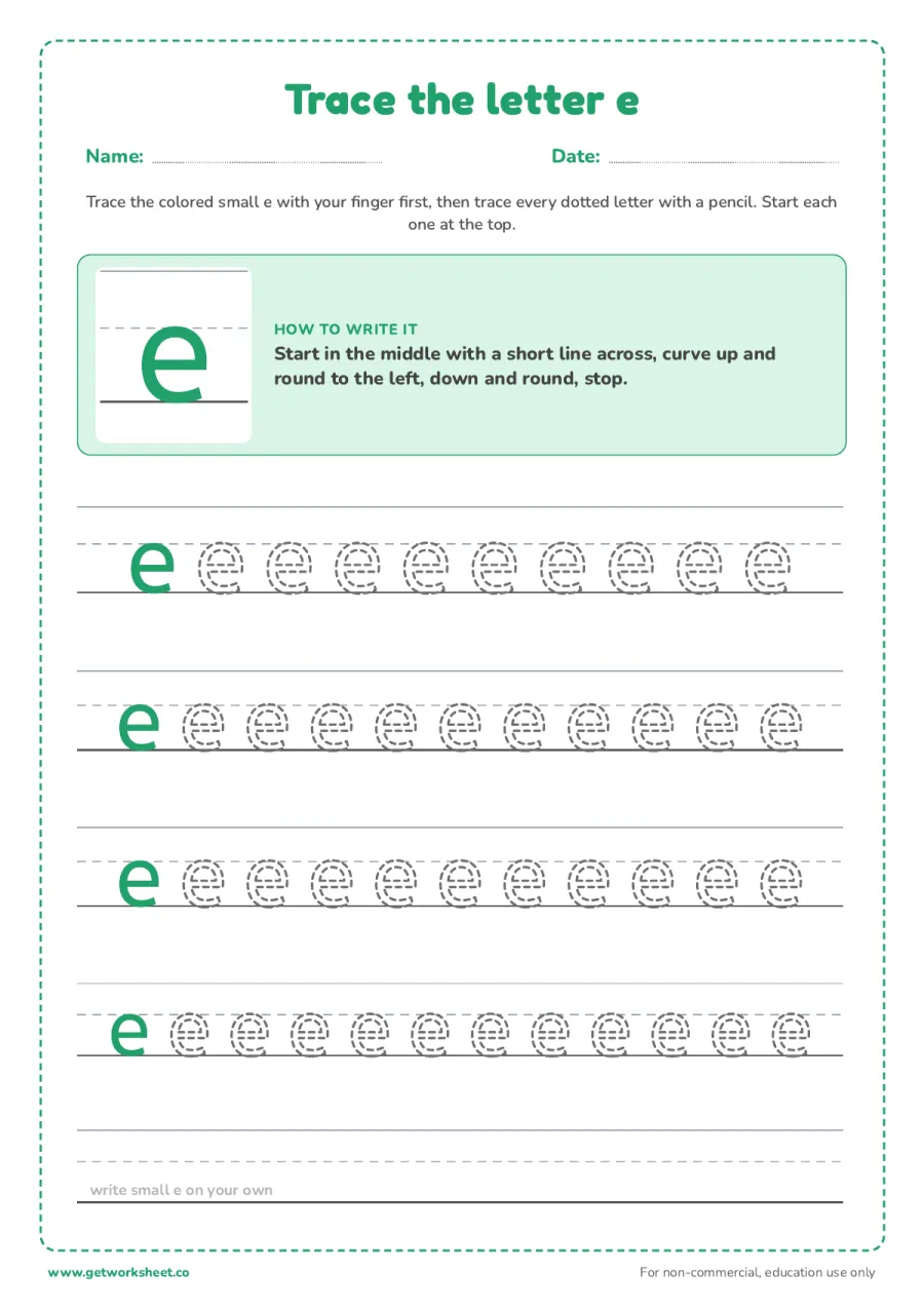 Trace the lowercase letter e Trace the lowercase letter e – free printable PDF worksheet, page 1 preview (6 free letter E tracing worksheets)