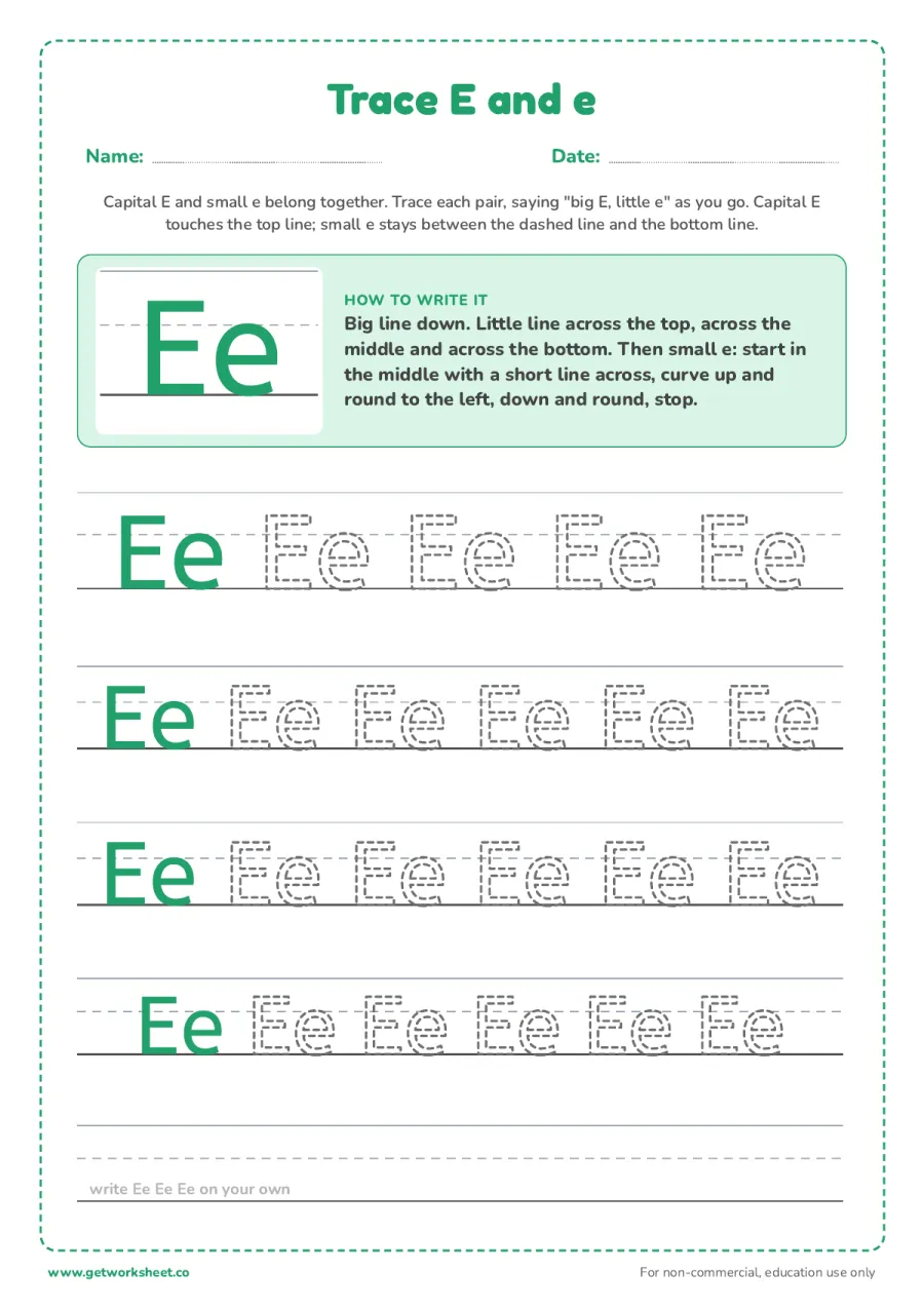 Trace E and e together Trace E and e together – free printable PDF worksheet, page 1 preview (6 free letter E tracing worksheets)