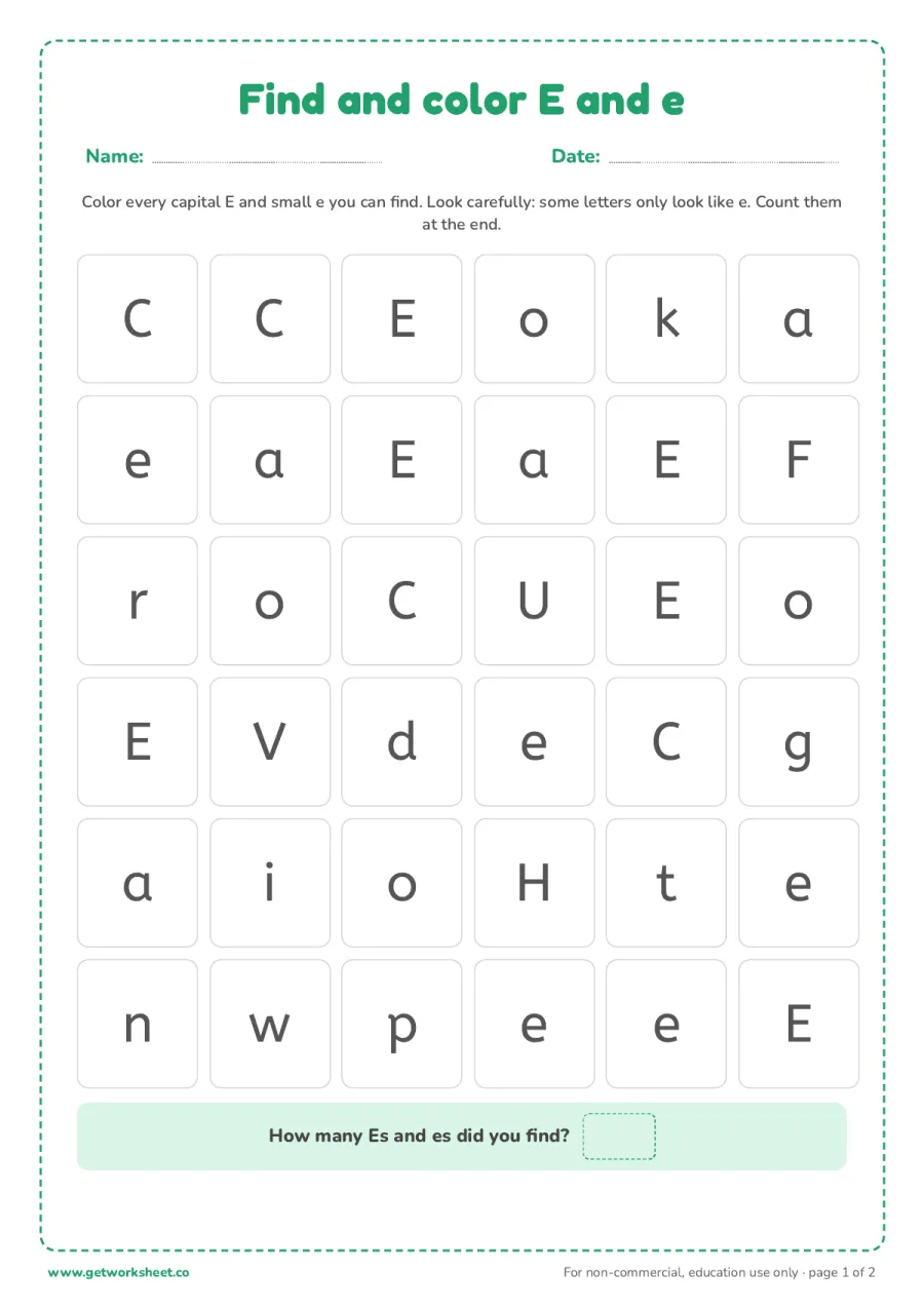 Find and color the letter E and e Find and color the letter E and e – free printable PDF worksheet, page 1 preview (6 free letter E tracing worksheets)