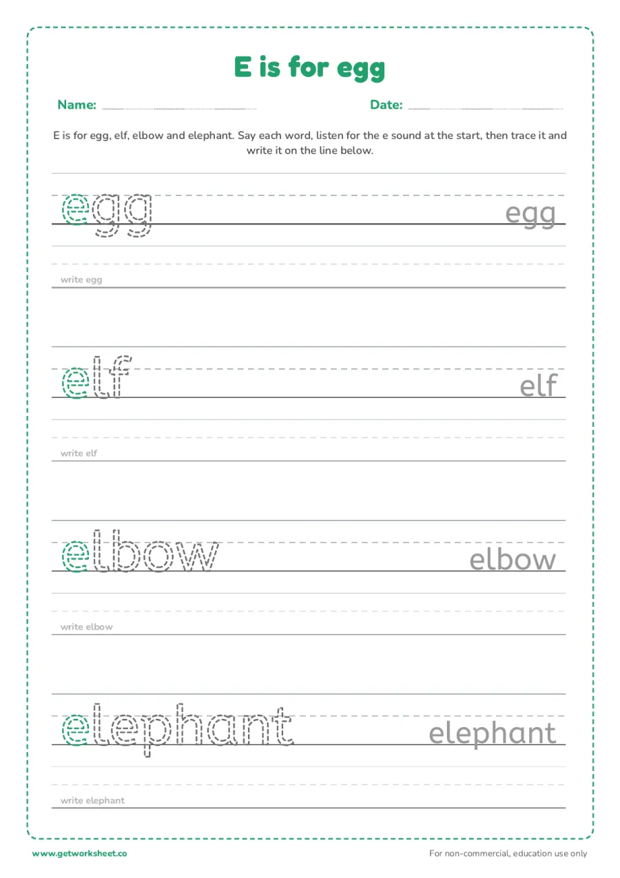E is for egg: trace the words E is for egg: trace the words – free printable PDF worksheet, page 1 preview (6 free letter E tracing worksheets)