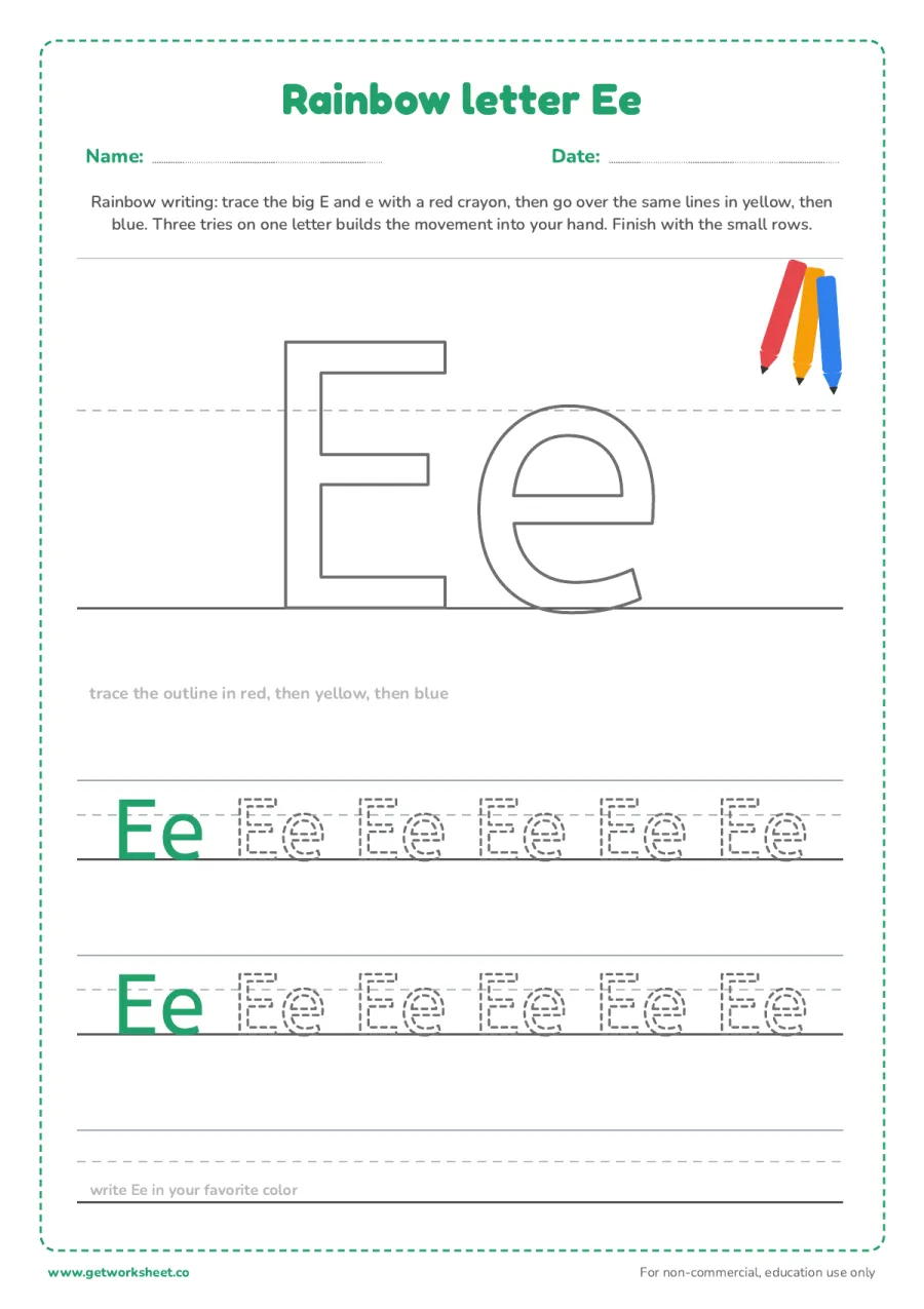 Rainbow letter Ee Rainbow letter Ee – free printable PDF worksheet, page 1 preview (6 free letter E tracing worksheets)