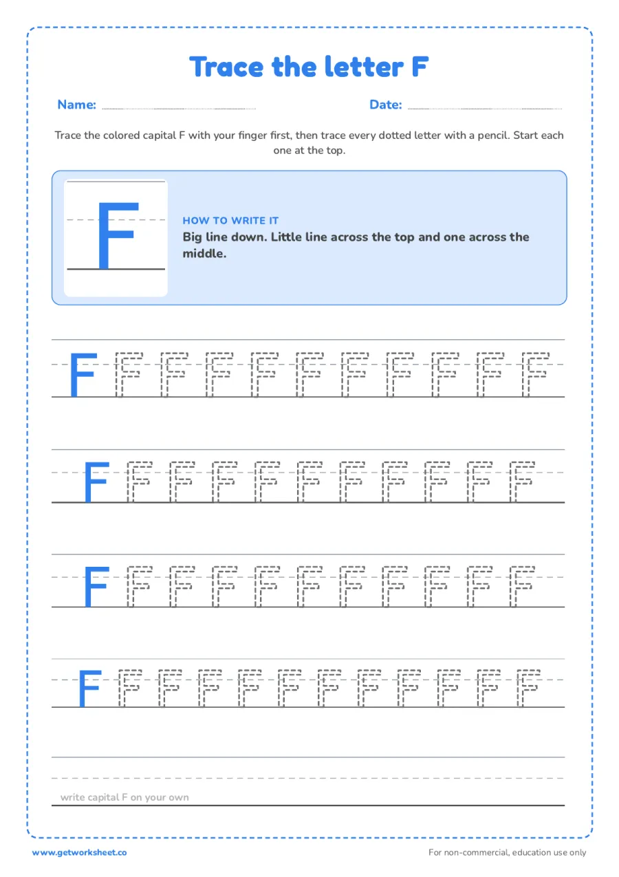 Trace the capital letter F Trace the capital letter F – free printable PDF worksheet, page 1 preview (6 free letter F tracing worksheets)