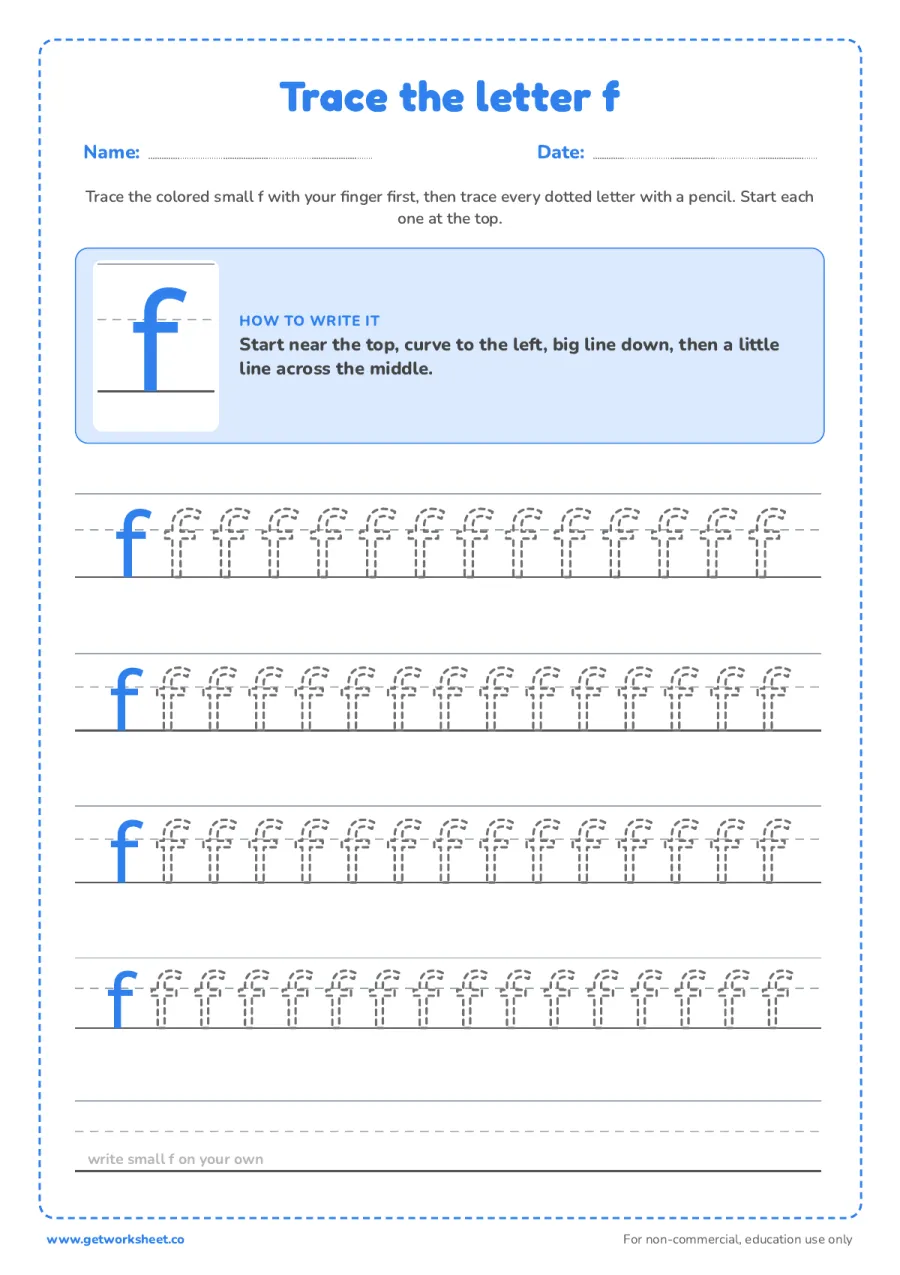 Trace the lowercase letter f Trace the lowercase letter f – free printable PDF worksheet, page 1 preview (6 free letter F tracing worksheets)