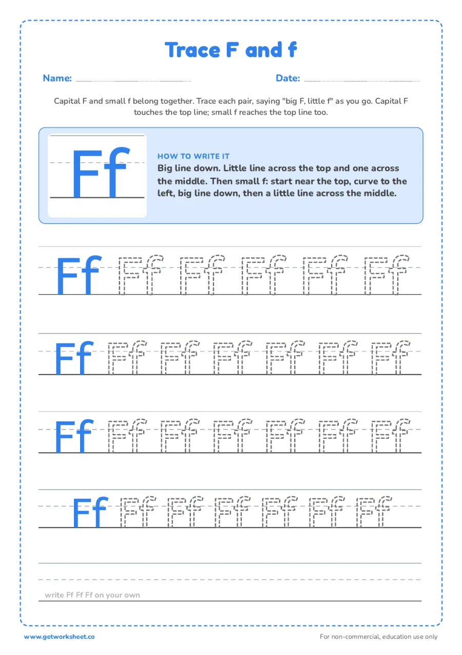 Trace F and f together Trace F and f together – free printable PDF worksheet, page 1 preview (6 free letter F tracing worksheets)