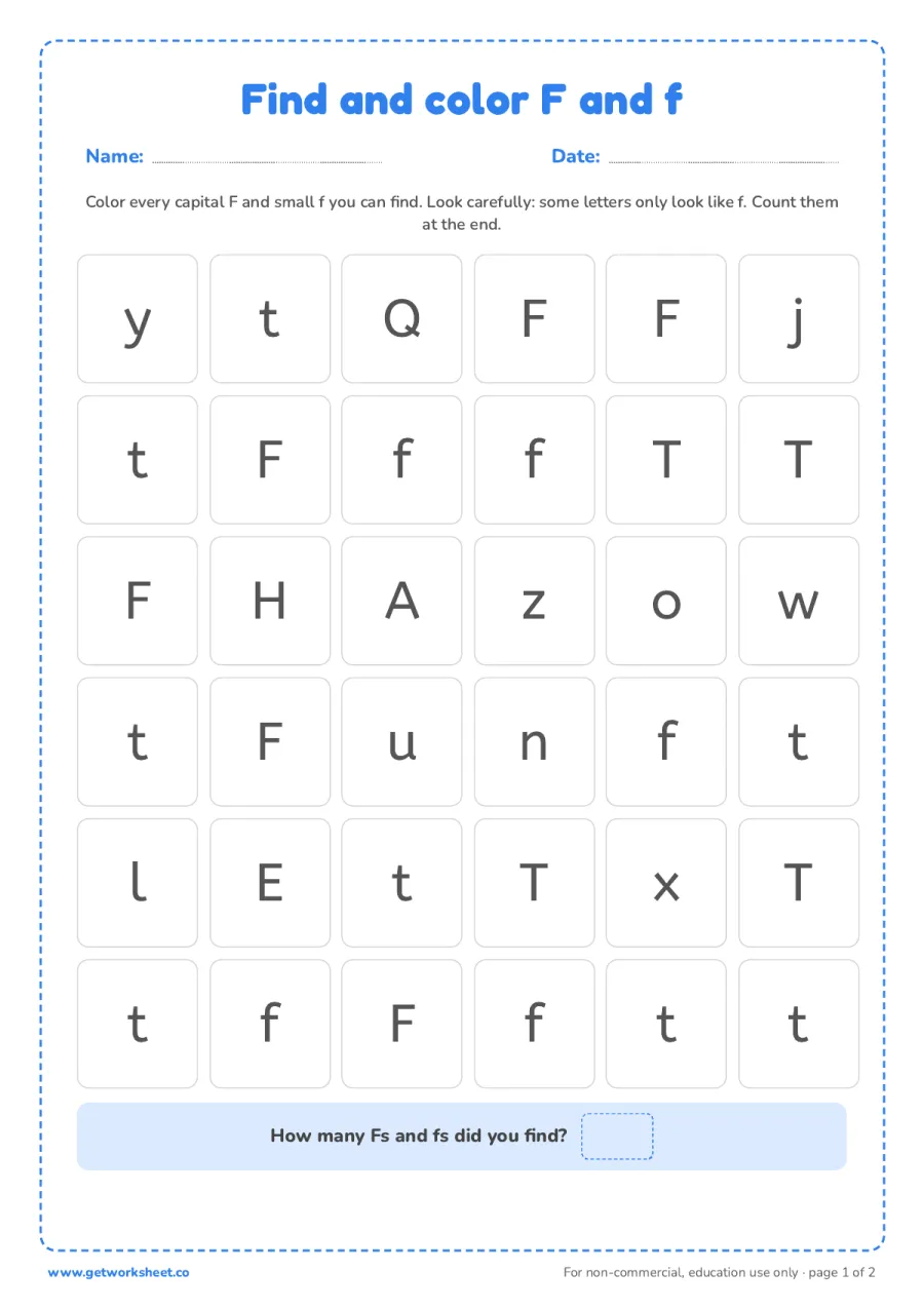 Find and color the letter F and f Find and color the letter F and f – free printable PDF worksheet, page 1 preview (6 free letter F tracing worksheets)