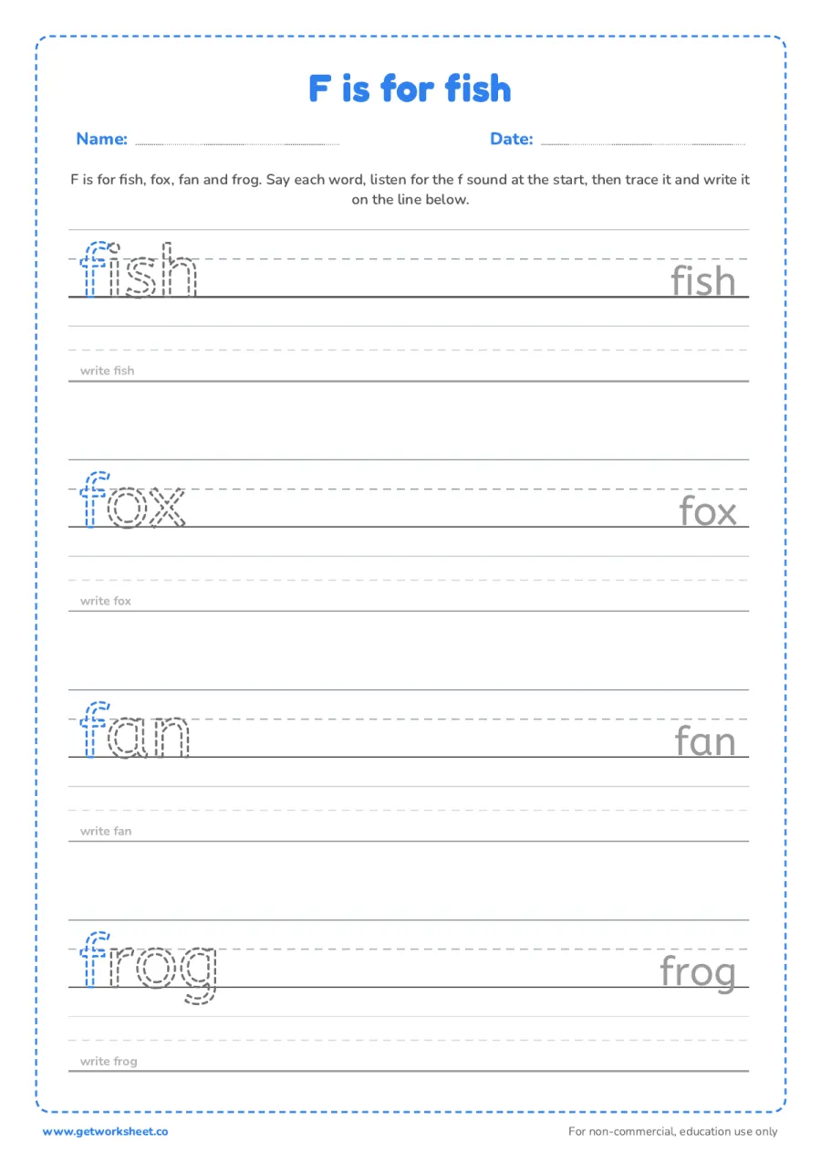 F is for fish: trace the words F is for fish: trace the words – free printable PDF worksheet, page 1 preview (6 free letter F tracing worksheets)