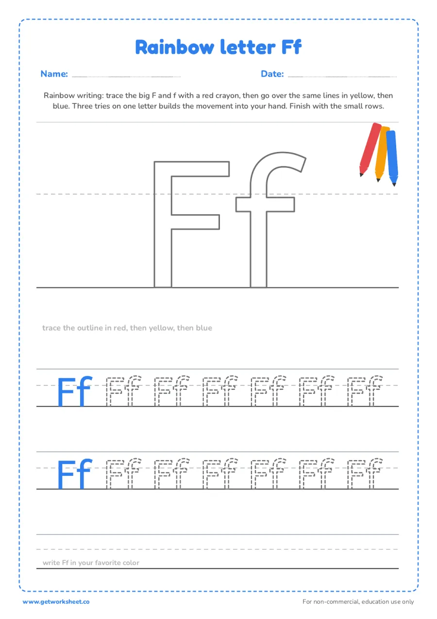 Rainbow letter Ff Rainbow letter Ff – free printable PDF worksheet, page 1 preview (6 free letter F tracing worksheets)