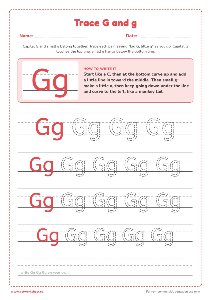 Trace G and g together Trace G and g together – free printable PDF worksheet, page 1 preview (6 free letter G tracing worksheets)