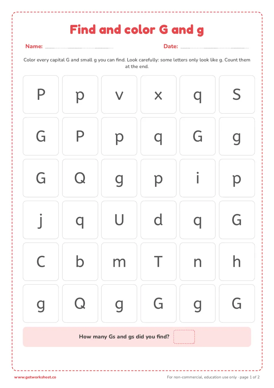 Find and color the letter G and g Find and color the letter G and g – free printable PDF worksheet, page 1 preview (6 free letter G tracing worksheets)