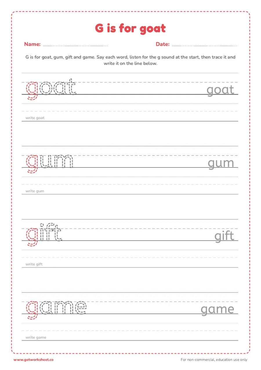 G is for goat: trace the words G is for goat: trace the words – free printable PDF worksheet, page 1 preview (6 free letter G tracing worksheets)
