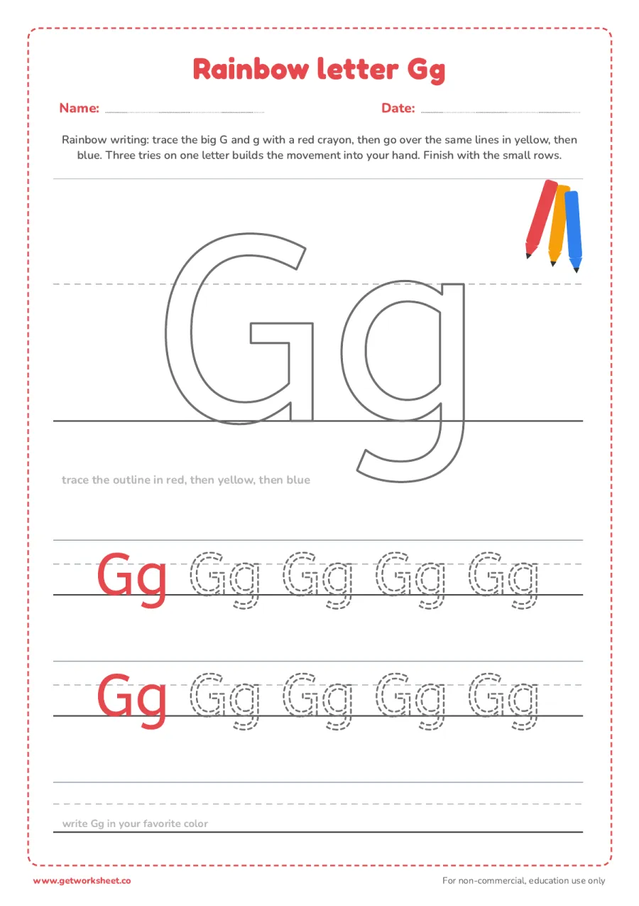 Rainbow letter Gg Rainbow letter Gg – free printable PDF worksheet, page 1 preview (6 free letter G tracing worksheets)