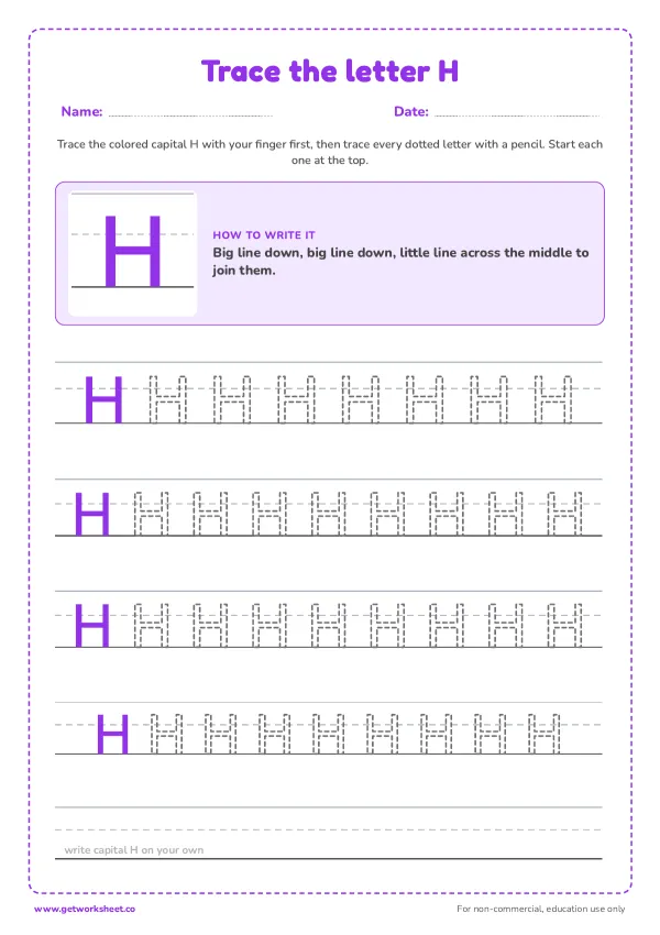 Free letter H tracing worksheets – free printable worksheets preview