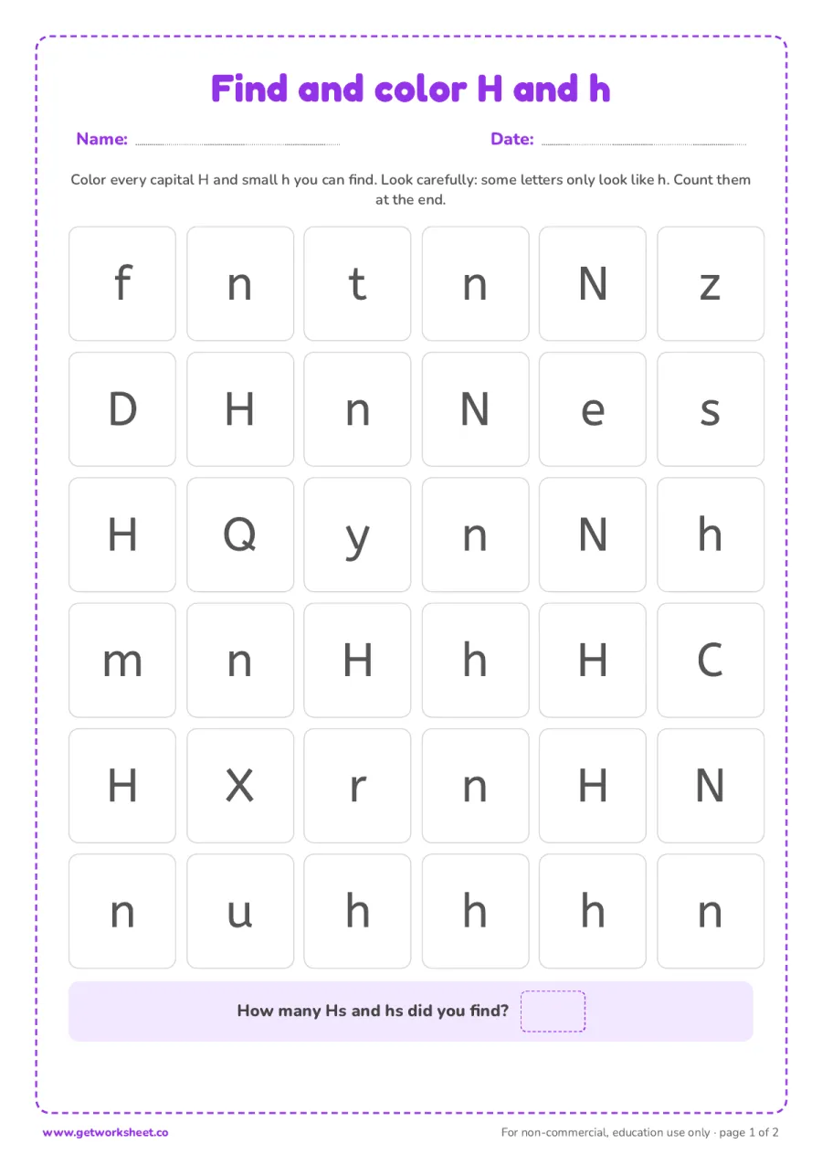 Find and color the letter H and h – free printable PDF worksheet, page 1 preview (6 free letter H tracing worksheets)