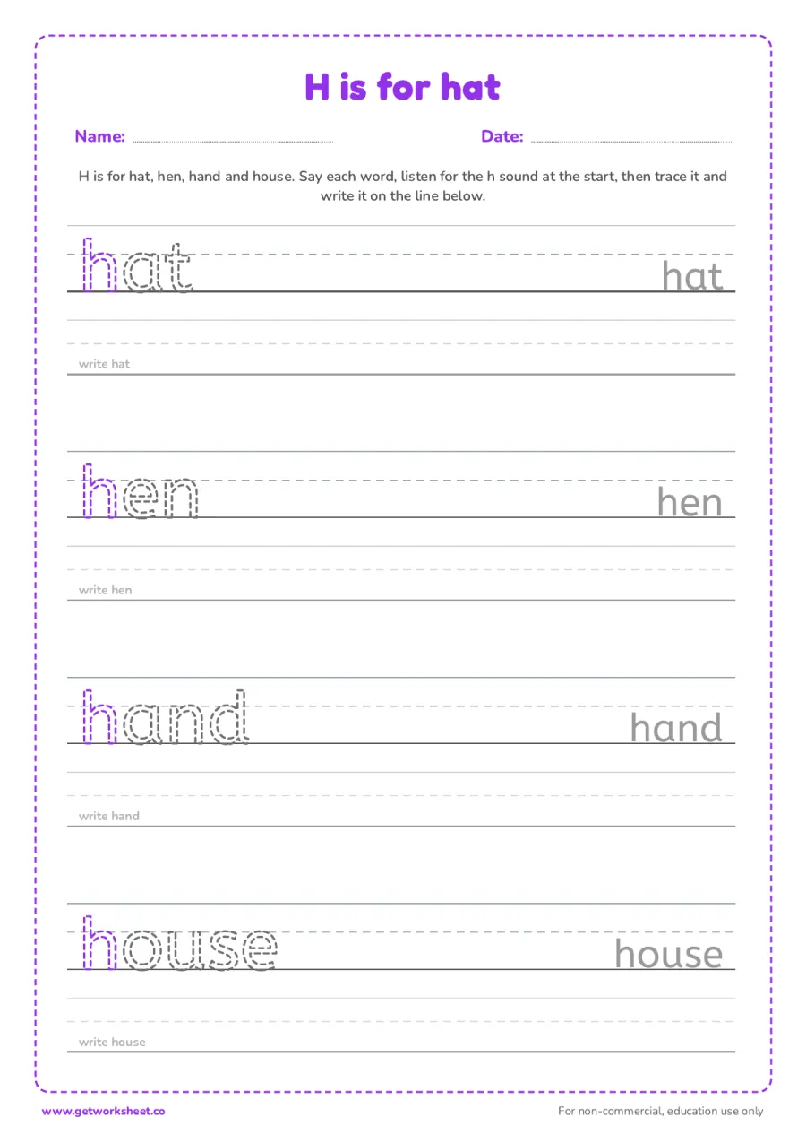 H is for hat: trace the words – free printable PDF worksheet, page 1 preview (6 free letter H tracing worksheets)