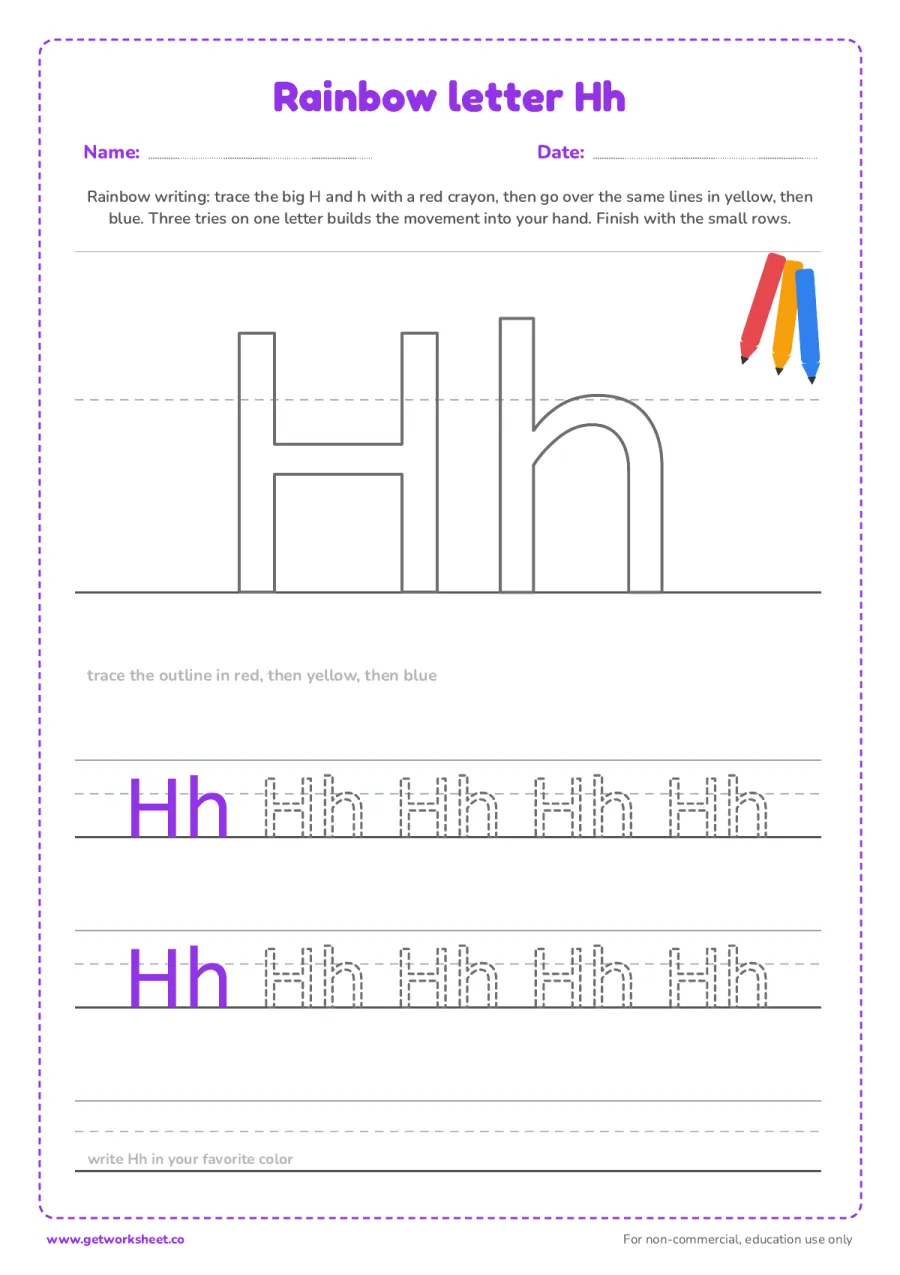 Rainbow letter Hh – free printable PDF worksheet, page 1 preview (6 free letter H tracing worksheets)