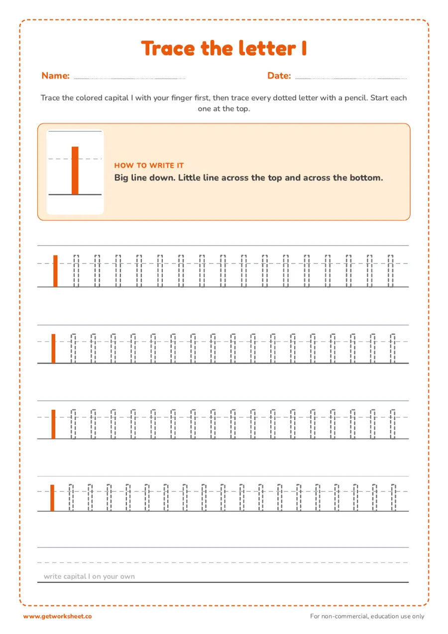 Trace the capital letter I Trace the capital letter I – free printable PDF worksheet, page 1 preview (6 free letter I tracing worksheets)
