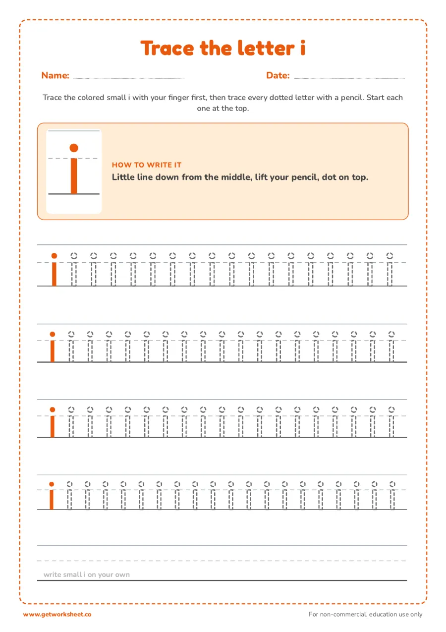 Trace the lowercase letter i Trace the lowercase letter i – free printable PDF worksheet, page 1 preview (6 free letter I tracing worksheets)