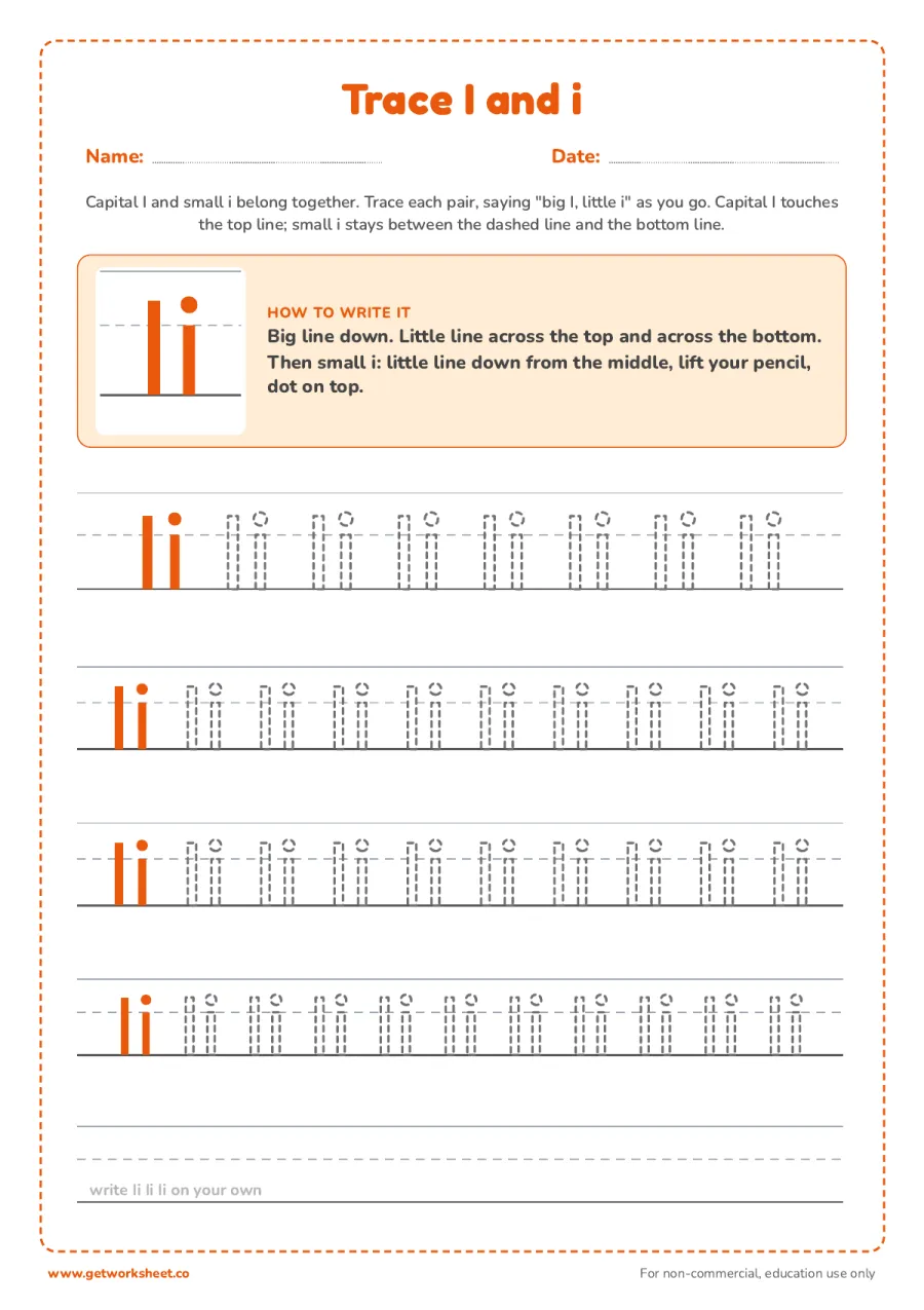 Trace I and i together Trace I and i together – free printable PDF worksheet, page 1 preview (6 free letter I tracing worksheets)