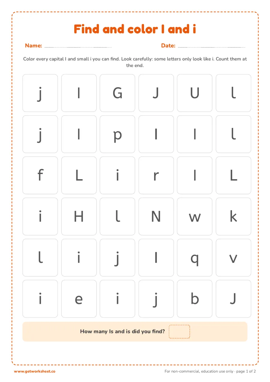 Find and color the letter I and i Find and color the letter I and i – free printable PDF worksheet, page 1 preview (6 free letter I tracing worksheets)