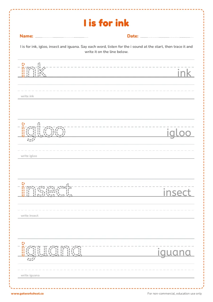 I is for ink: trace the words I is for ink: trace the words – free printable PDF worksheet, page 1 preview (6 free letter I tracing worksheets)