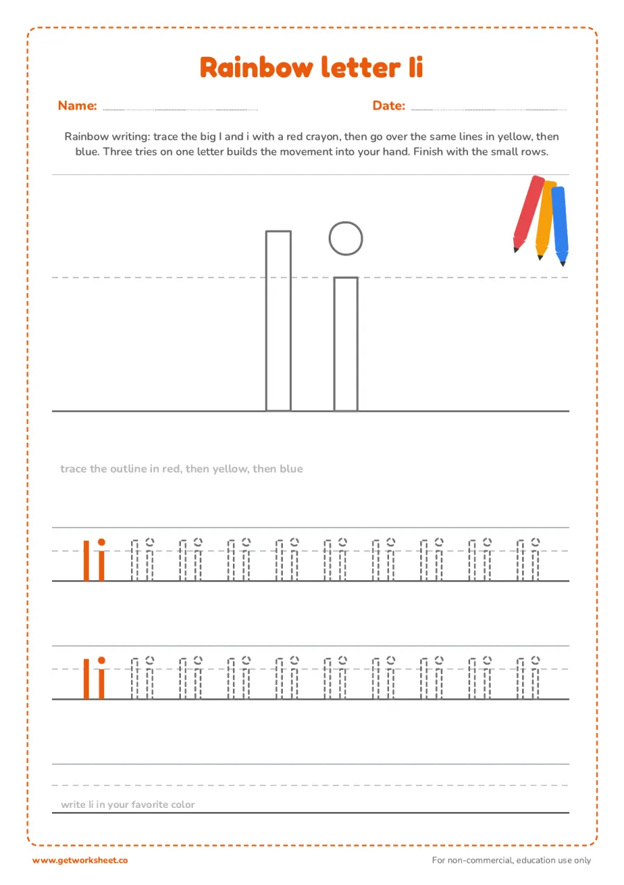 Rainbow letter Ii Rainbow letter Ii – free printable PDF worksheet, page 1 preview (6 free letter I tracing worksheets)