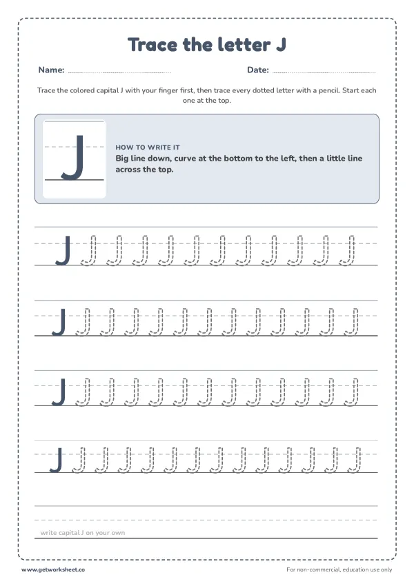 Free letter J tracing worksheets – free printable worksheets preview