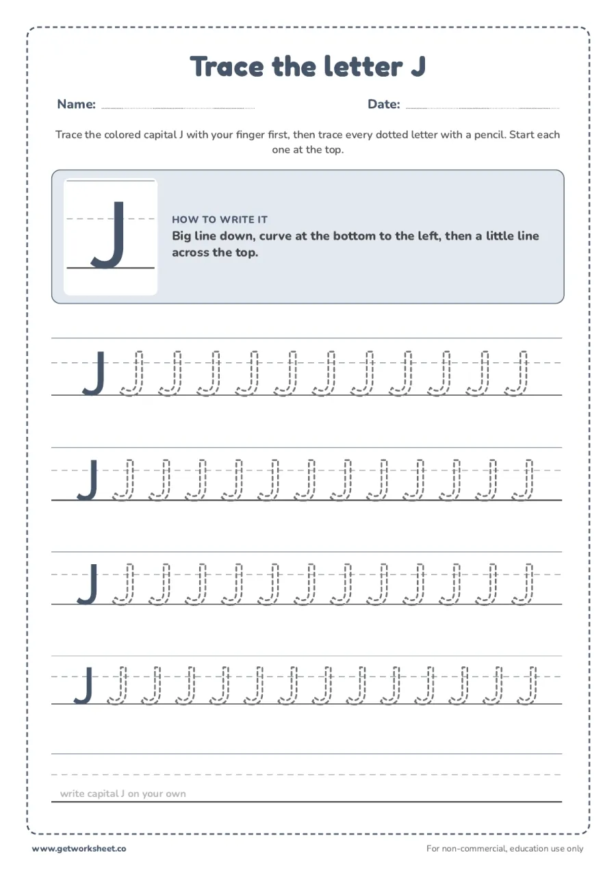 Trace the capital letter J Trace the capital letter J – free printable PDF worksheet, page 1 preview (6 free letter J tracing worksheets)