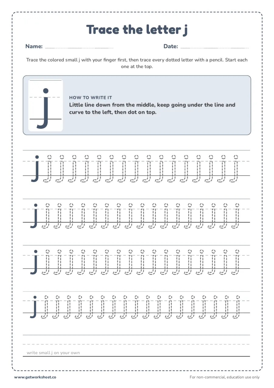 Trace the lowercase letter j Trace the lowercase letter j – free printable PDF worksheet, page 1 preview (6 free letter J tracing worksheets)