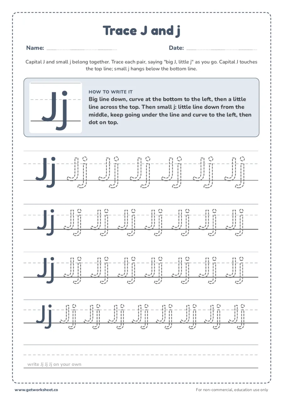 Trace J and j together Trace J and j together – free printable PDF worksheet, page 1 preview (6 free letter J tracing worksheets)