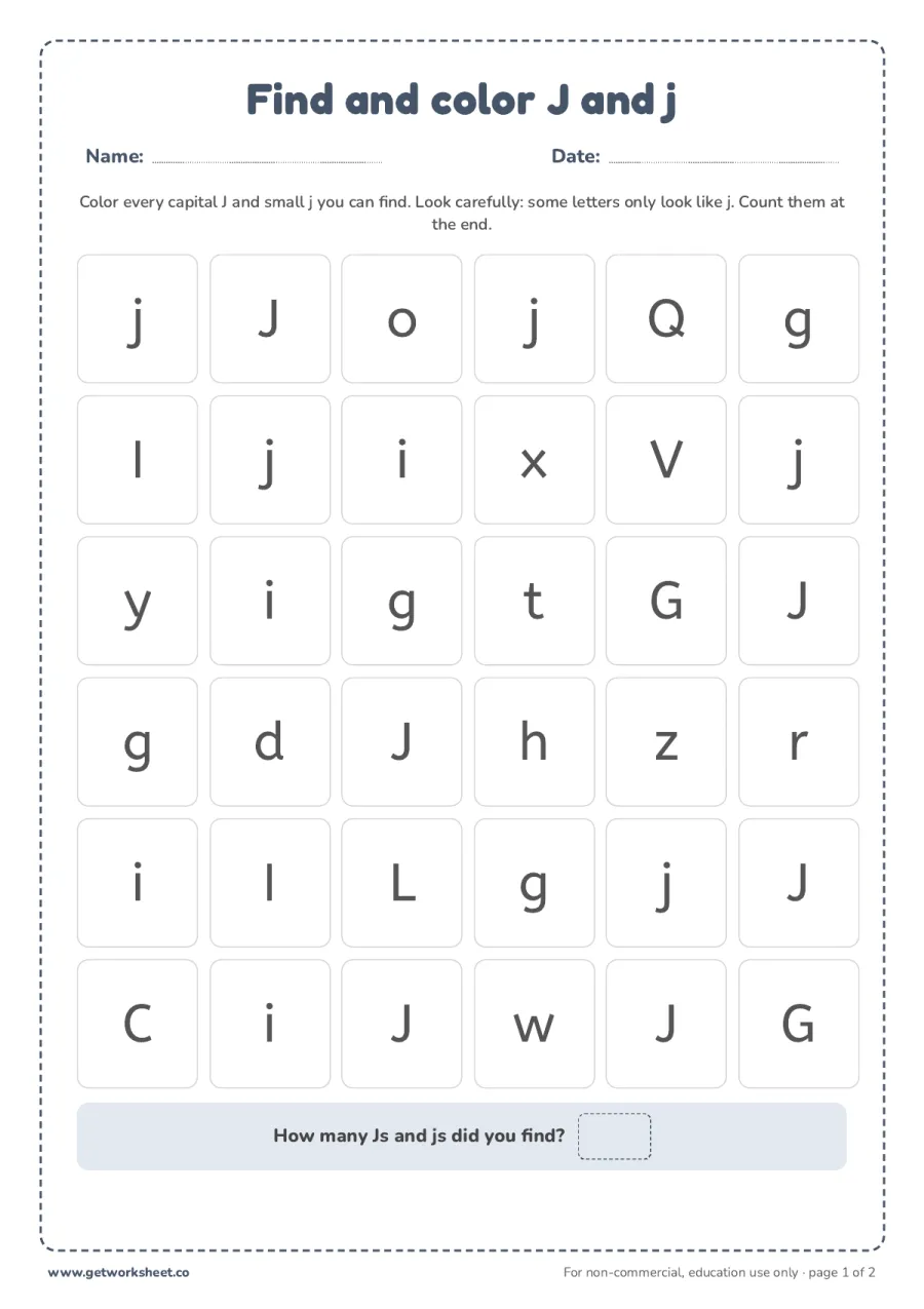 Find and color the letter J and j Find and color the letter J and j – free printable PDF worksheet, page 1 preview (6 free letter J tracing worksheets)